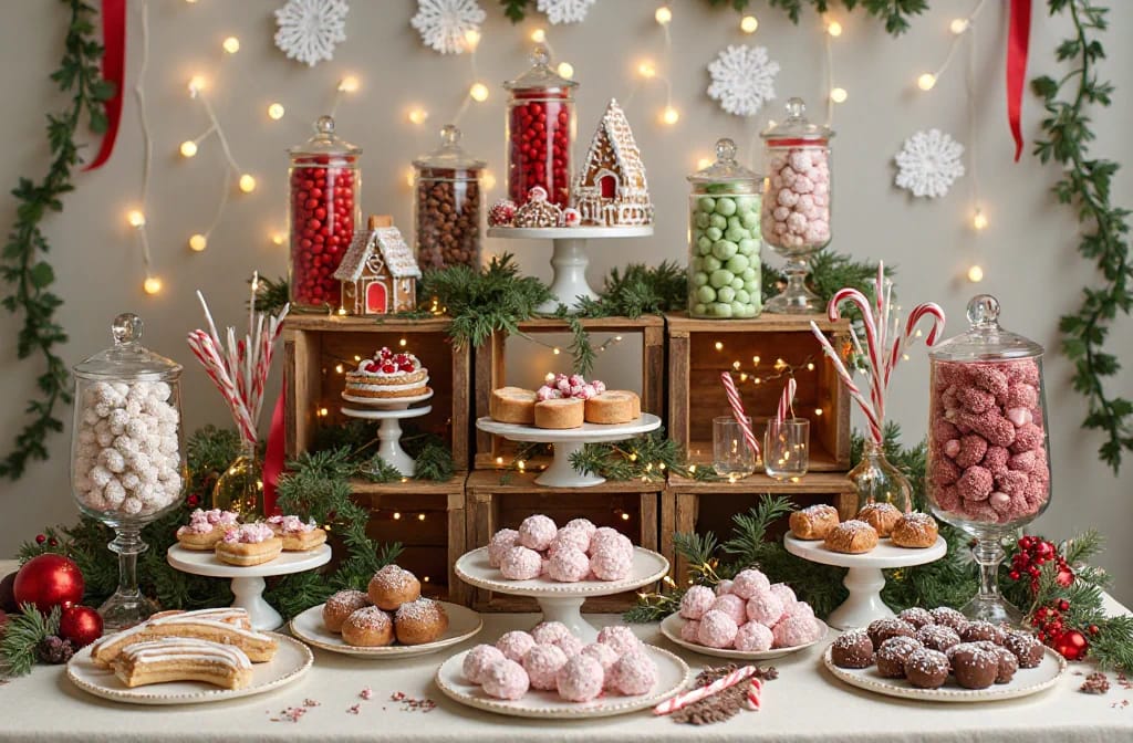Lovely Harbor 27 Festive Christmas party dessert table decorated with assorted sweets, candy jars, gingerbread houses, cake stands, candy canes, evergreen garlands, red ornaments, and string lights, showcasing creative buffet decorating ideas for the holiday season.