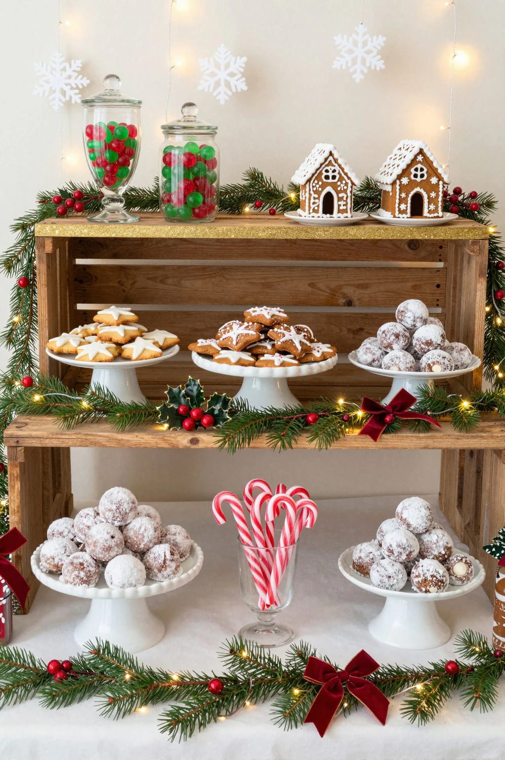 Christmas Party Dessert Table and Buffet Decorating Ideas That Survive the First Twenty Minutes 2 Three-tiered Christmas party dessert table with assorted cookies, gingerbread houses, candy canes, and festive garlands, showing a decorative buffet setup ideal for holiday gatherings.