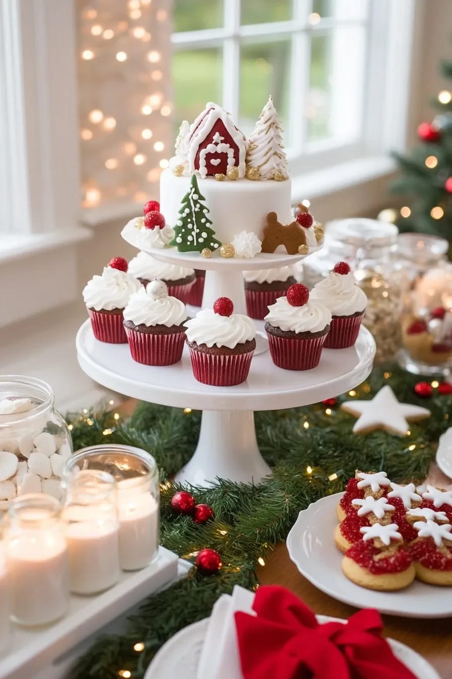 A Christmas party dessert table with a tiered white stand displaying a festive cake topped with gingerbread decorations and surrounded by cupcakes, assorted cookies, candles, and holiday greenery, illustrating buffet decorating ideas that use multiple heights.