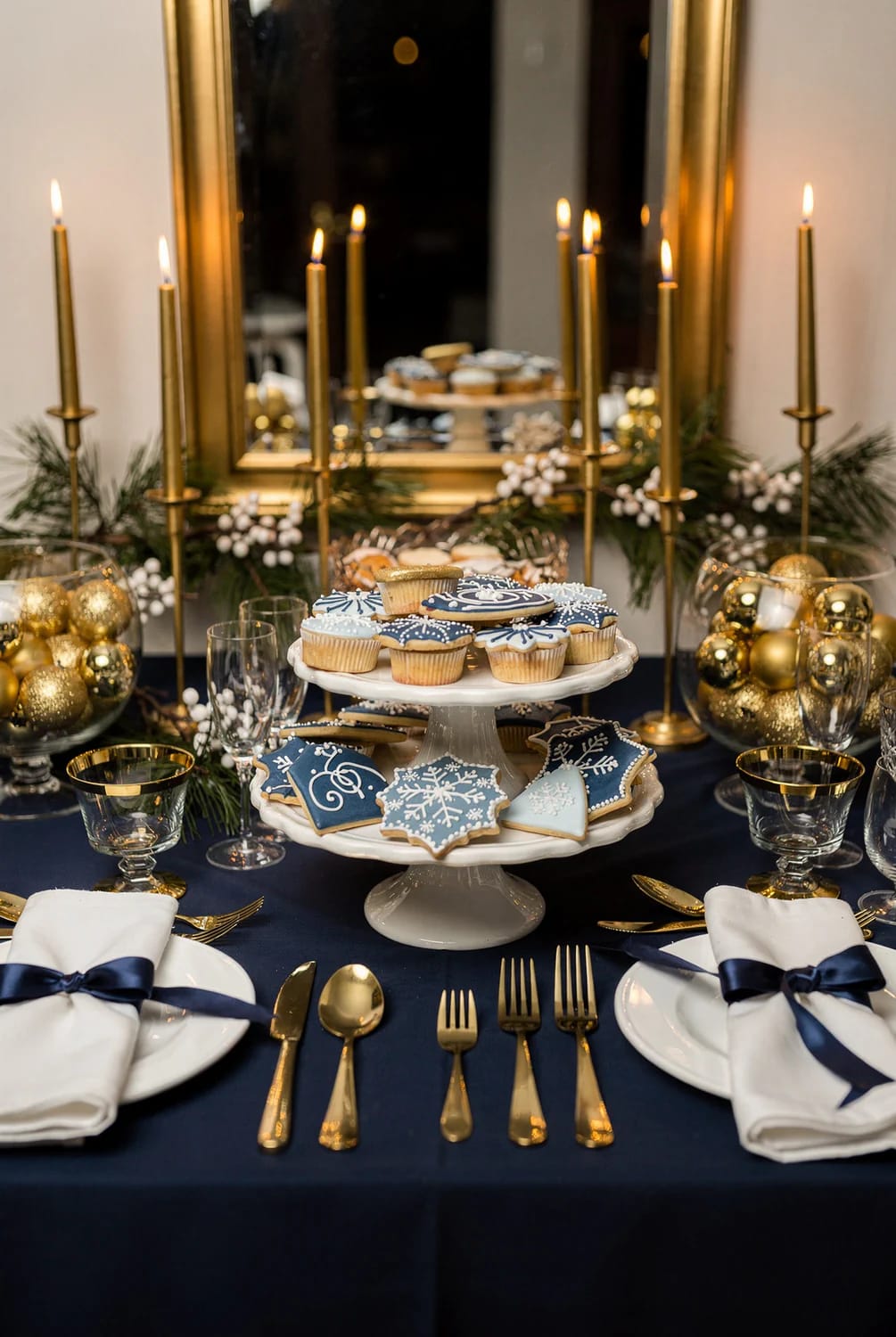 Elegant Christmas party dessert table decorated in navy blue, white, and gold, featuring gold flatware, navy napkins, gold-rimmed glasses, blue and white decorated cookies, gold candles, and ornaments, perfect for festive buffet decorating ideas.