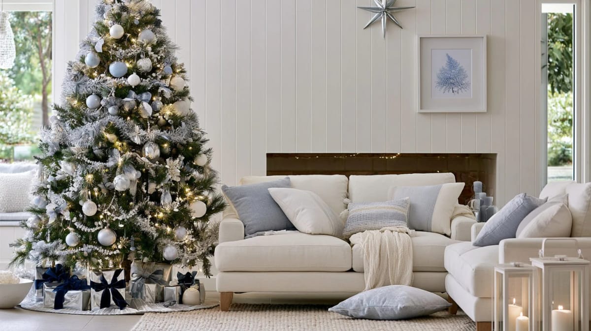 A single-color monochrome Christmas tree decorated with white and silver ornaments, garlands, and lights stands in a stylish living room with neutral-toned furniture and wrapped gifts beneath the tree, illustrating a finished monochrome Christmas tree theme.