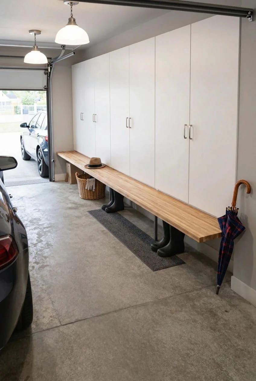 Garage Mudroom Ideas for the Door Your Family Actually Uses 6 A garage mudroom setup featuring a long wooden bench, closed white storage cabinets, rubber boots, a basket, a hat, and an umbrella, providing an organized entryway solution for families using the garage door.