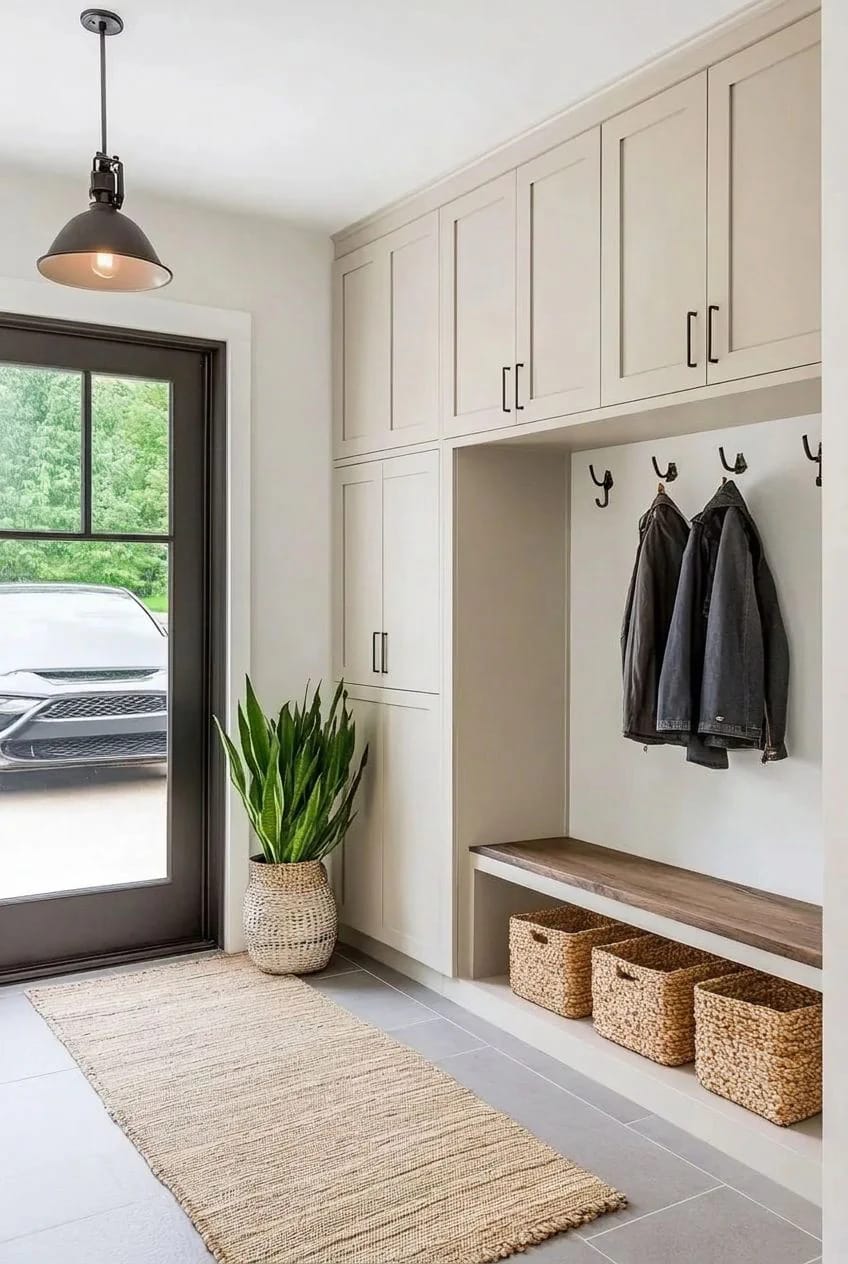 Garage Mudroom Ideas for the Door Your Family Actually Uses 7 Modern garage mudroom featuring closed cabinets, a built-in bench with woven baskets underneath, coat hooks with jackets, a potted plant, and a view of a car outside the door, illustrating practical garage mudroom ideas.
