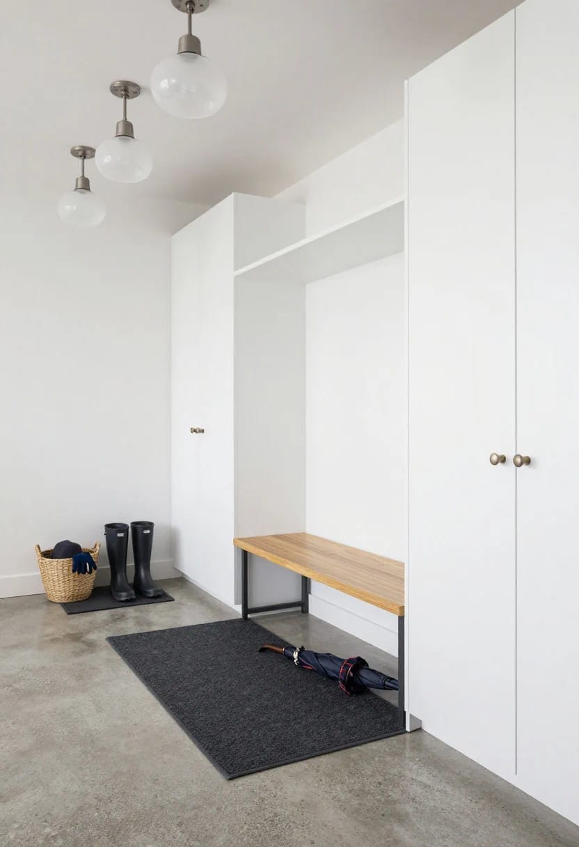 Garage Mudroom Ideas for the Door Your Family Actually Uses 8 A modern garage mudroom featuring tall white closed cabinets, a wooden bench with metal legs, a black rug, a basket with gloves, rain boots, and an umbrella, illustrating organized entryway storage ideas for family use.