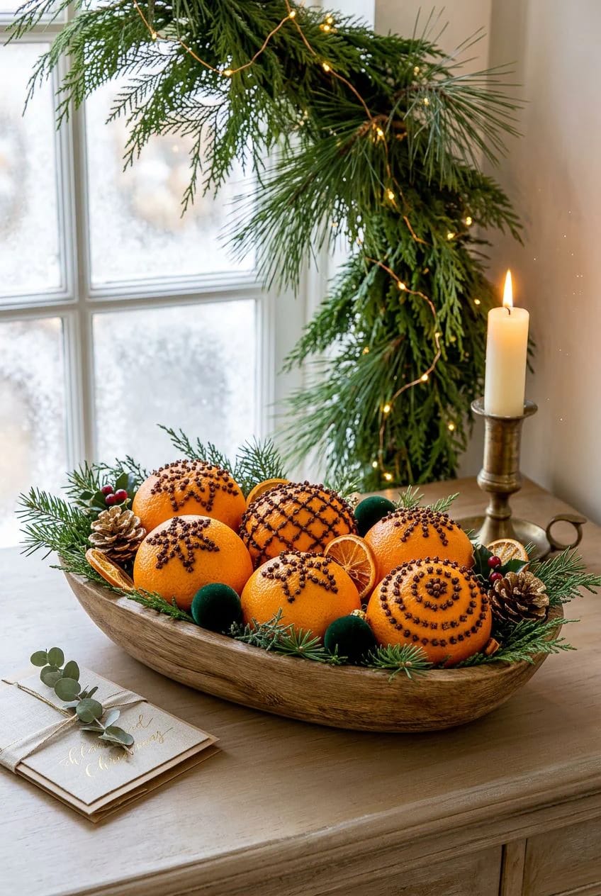 clove-studded pomanders in a wooden dough bowl by the door 1