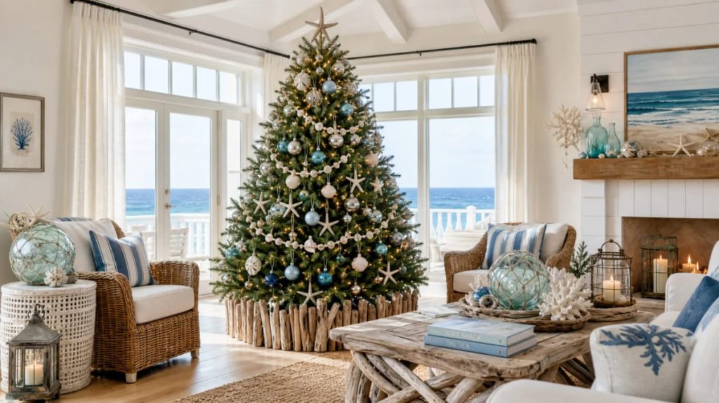 Living room decorated with coastal blue Christmas decorations featuring a Christmas tree adorned with blue and silver ornaments, starfish, and seashells, surrounded by wicker furniture, striped pillows, ocean-themed accents, and a view of the sea through large windows.