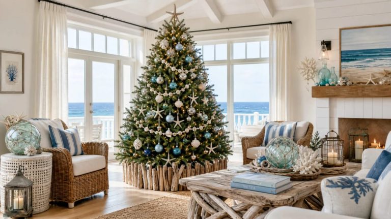 13 Coastal Blue Christmas Decorations That Skip the Anchors and Life Rings 1 Living room decorated with coastal blue Christmas decorations featuring a Christmas tree adorned with blue and silver ornaments, starfish, and seashells, surrounded by wicker furniture, striped pillows, ocean-themed accents, and a view of the sea through large windows.