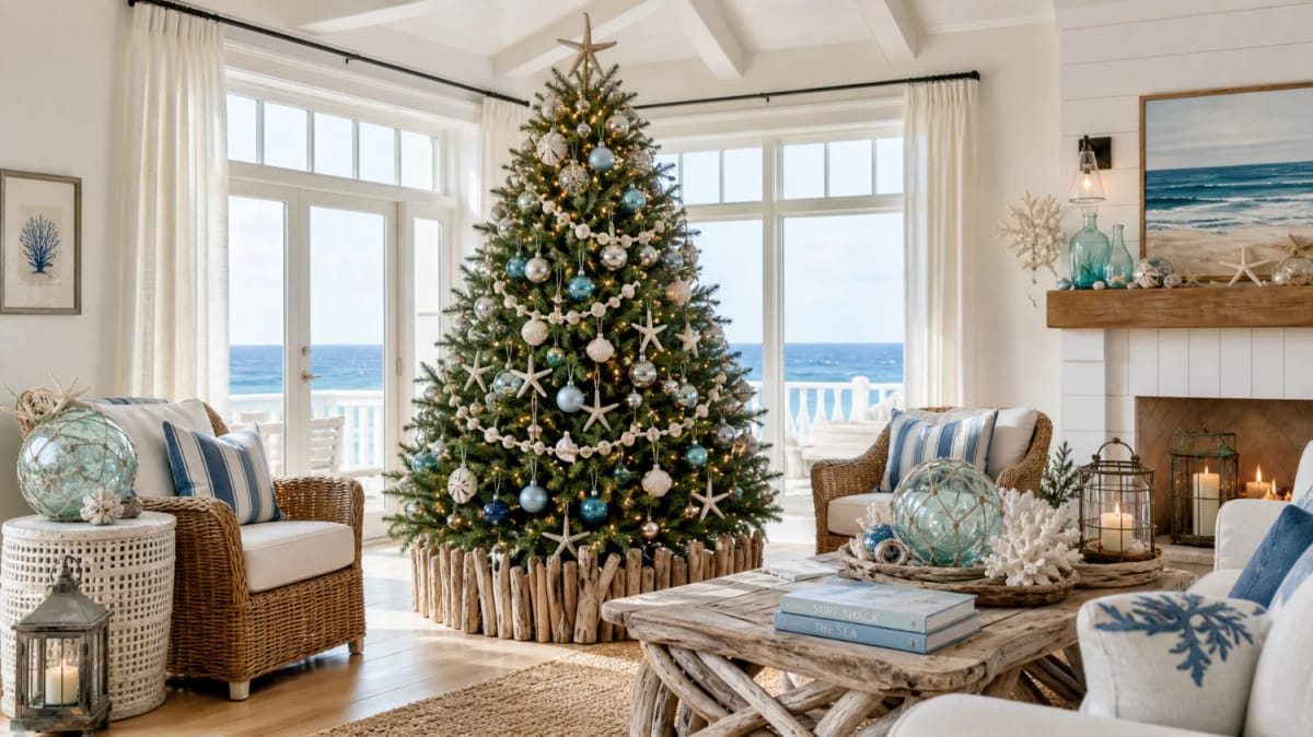 Living room decorated with coastal blue Christmas decorations featuring a Christmas tree adorned with blue and silver ornaments, starfish, and seashells, surrounded by wicker furniture, striped pillows, ocean-themed accents, and a view of the sea through large windows.