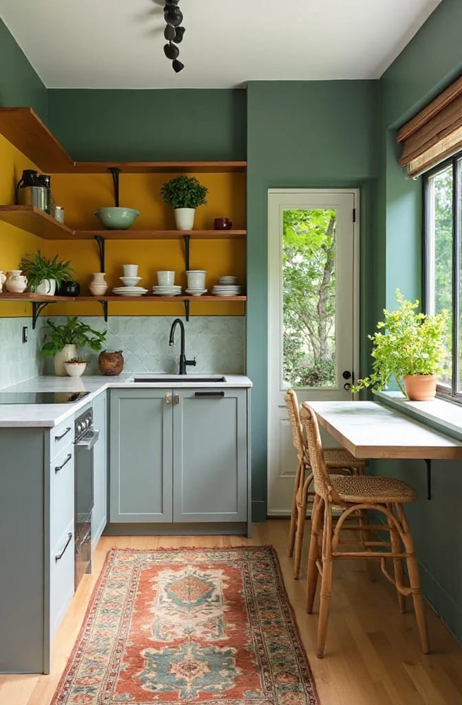 13 Kitchen Color Ideas and Where Each One Actually Works 26 A kitchen featuring muted blue cabinets with yellow painted walls above open wood shelves, green walls, a patterned rug, and natural light highlighting how color is used without touching the cabinets for kitchen color ideas.
