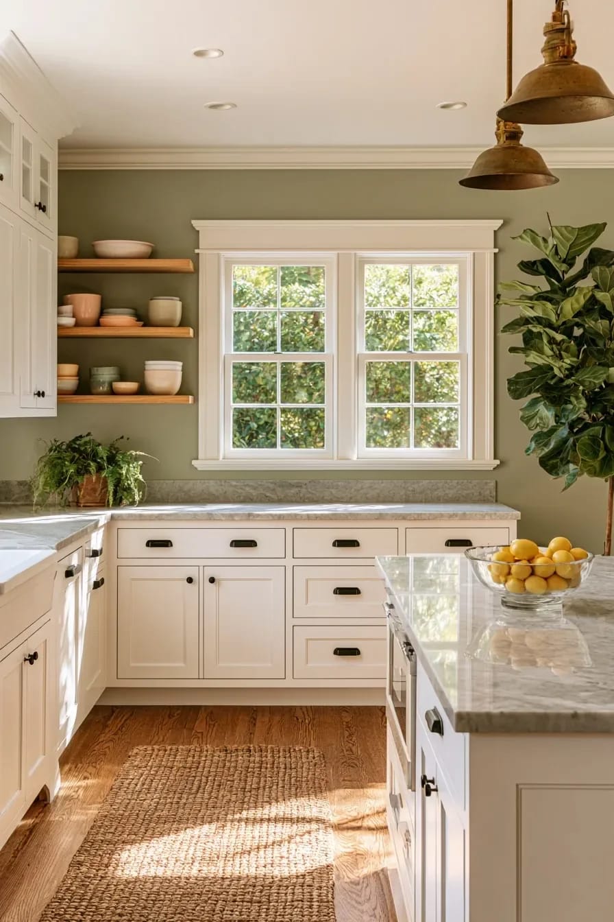 13 Kitchen Color Ideas and Where Each One Actually Works 27 Bright kitchen featuring sage green walls, white cabinets, wood open shelves with pastel dishes, a large window, a woven rug, a glass bowl of lemons on a marble island, and green plants, illustrating kitchen color ideas that never touch the cabinets.