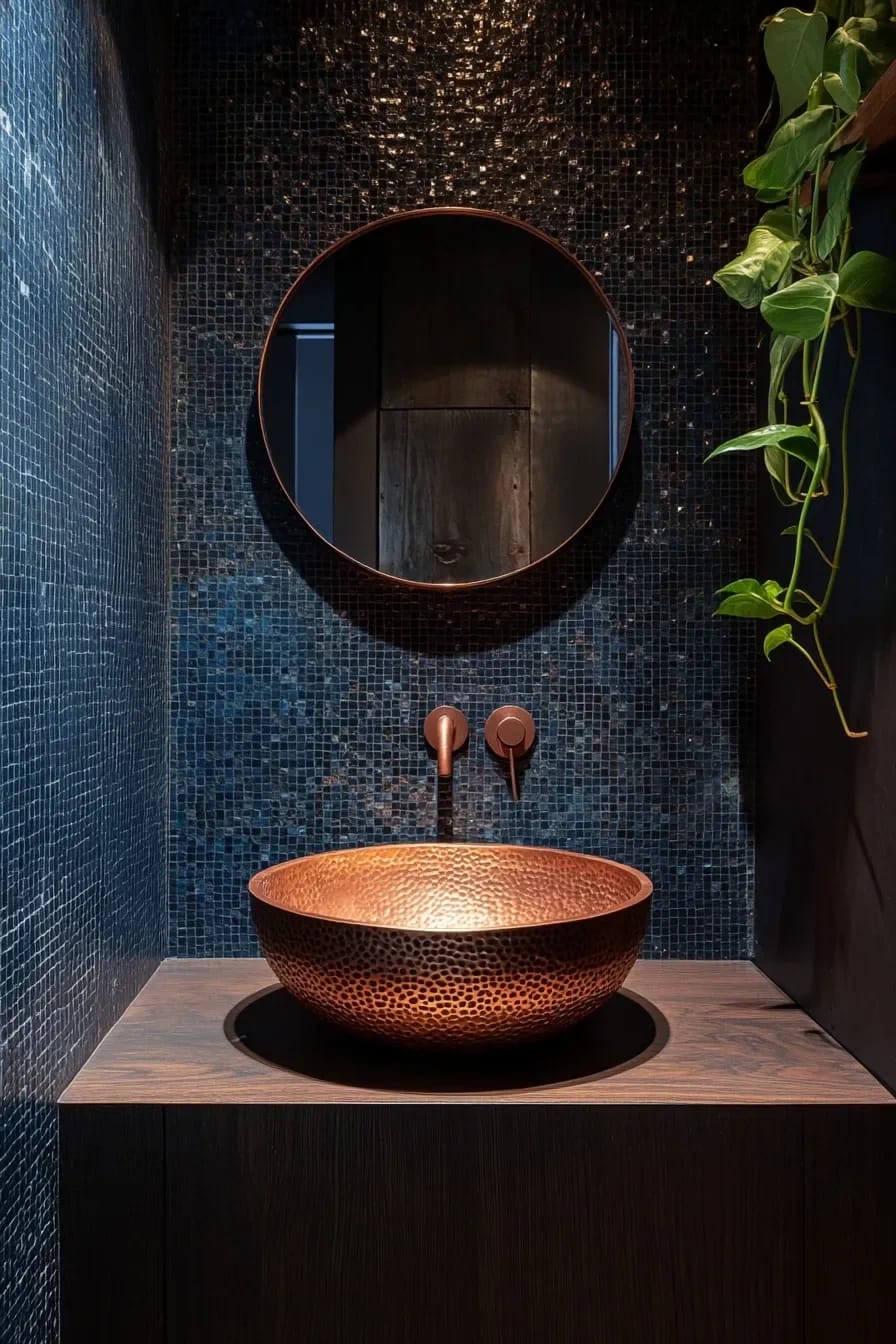 copper reads warmer than brass in a navy bathroom 1