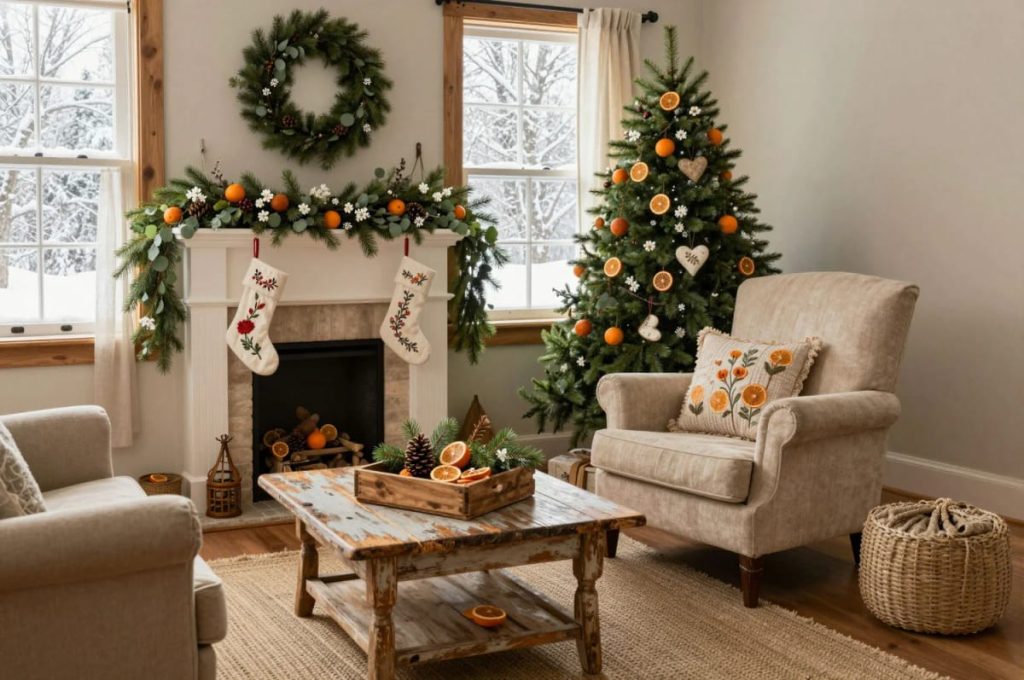 Lovely Harbor 44 Cozy living room decorated for Christmas in cottage style, featuring a Christmas tree and mantel adorned with dried oranges, pine garlands, and floral touches, along with embroidered stockings and a rustic coffee table displaying pinecones and dried orange slices, reflecting the cottage Christmas decor with dried oranges and florals theme.