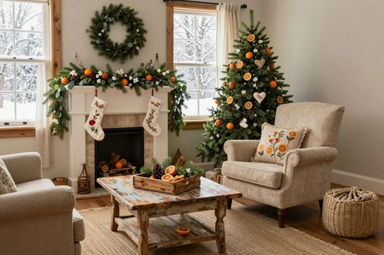 Cozy living room decorated for Christmas in cottage style, featuring a Christmas tree and mantel adorned with dried oranges, pine garlands, and floral touches, along with embroidered stockings and a rustic coffee table displaying pinecones and dried orange slices, reflecting the cottage Christmas decor with dried oranges and florals theme.