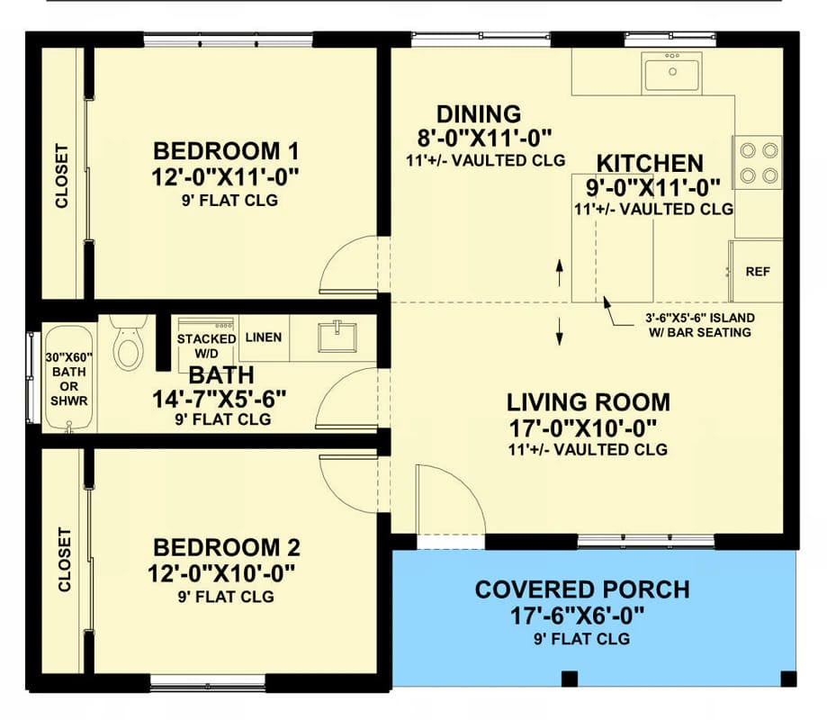 2-Bedroom Mountain Cottage House Plan with an 11-Foot Vaulted Ceiling (820 Sq. Ft. Floor Plan) 2 cozy two bedroom mountain cottage house plan with vaulted ceilings 1