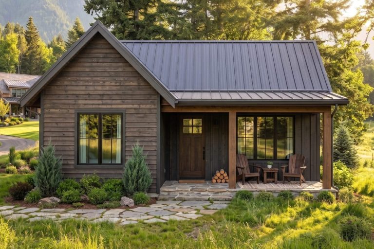 2-Bedroom Mountain Cottage House Plan with an 11-Foot Vaulted Ceiling (820 Sq. Ft. Floor Plan) 1 Rustic cottage with dark wood siding, metal roof, and a covered porch set in a wooded landscape