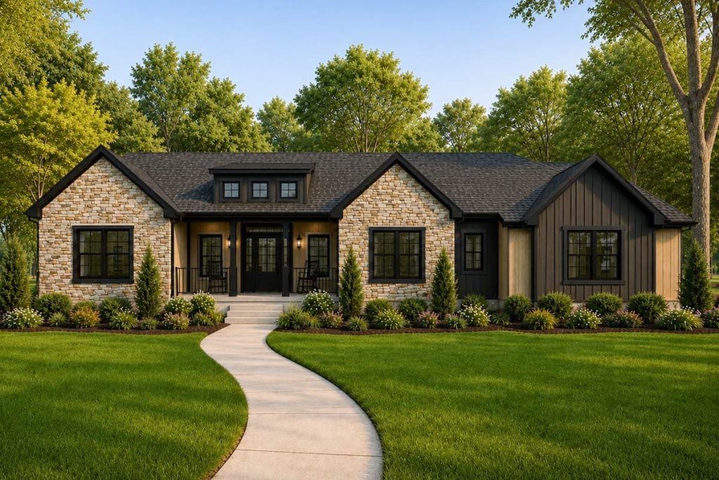 Lovely Harbor 44 Single-story home with stone and vertical siding, black windows, and a central front porch.