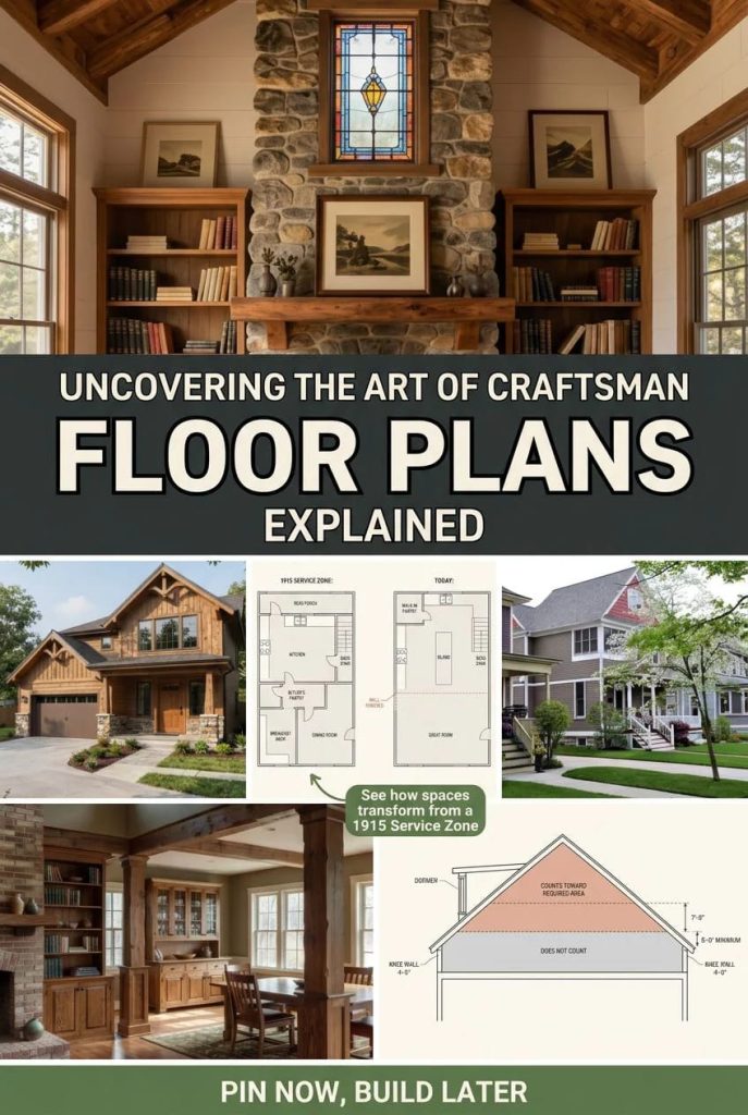 Collage showing craftsman floor plans explained with interior and exterior images of craftsman homes, architectural drawings, and floor plan diagrams, illustrating key features and layout concepts for craftsman-style houses.