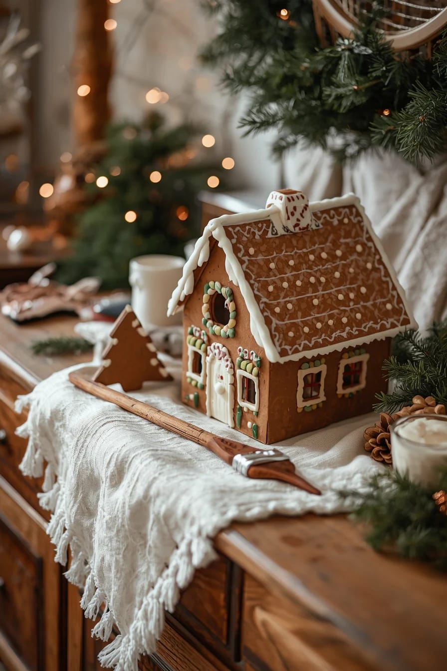 DIY Faux Gingerbread House Village Display Decorated gingerbread house displayed on a cloth-covered wooden table beside a small house cutout, paintbrush, mug, pine branches, and warm Christmas lights for a DIY faux gingerbread house village display