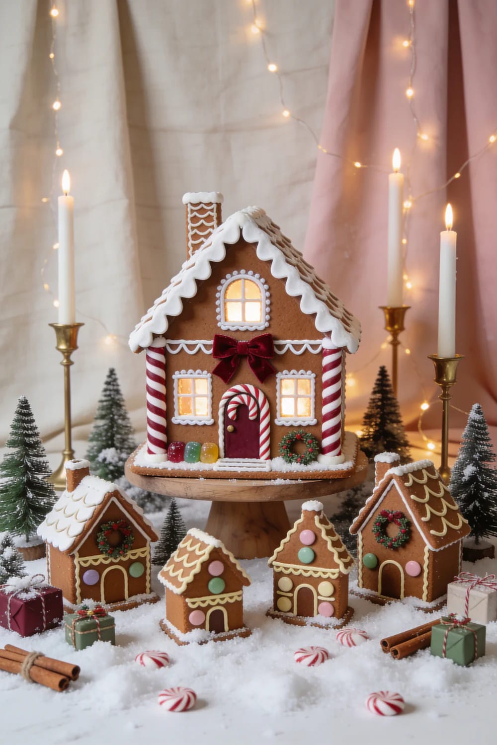 DIY Faux Gingerbread House Village Display A large decorated faux gingerbread house stands elevated behind four smaller gingerbread houses in a snowy holiday village display, surrounded by miniature evergreen trees, candles, fairy lights, wrapped gifts, candy canes, and cinnamon sticks.
