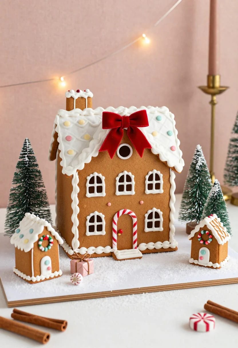 DIY Faux Gingerbread House Village Display DIY faux gingerbread house village display with one large decorated gingerbread house centered between two smaller houses, evergreen trees, string lights, and a snowy base