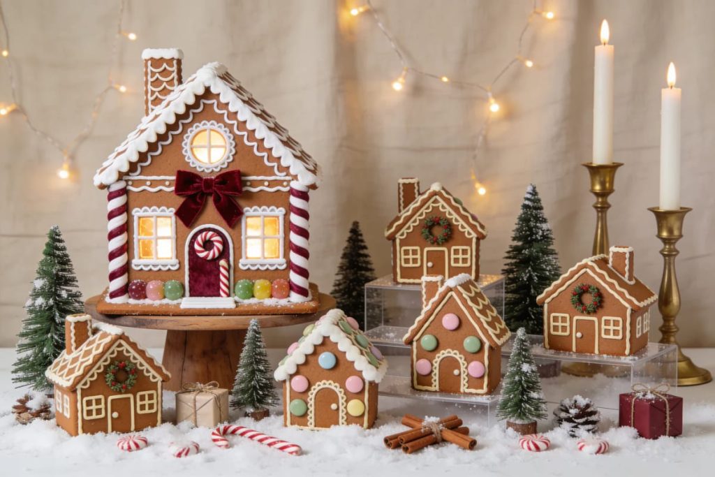 DIY faux gingerbread house village display with decorated gingerbread-style houses, miniature evergreen trees, artificial snow, candy canes, cinnamon sticks, wrapped gifts, string lights, and lit candles