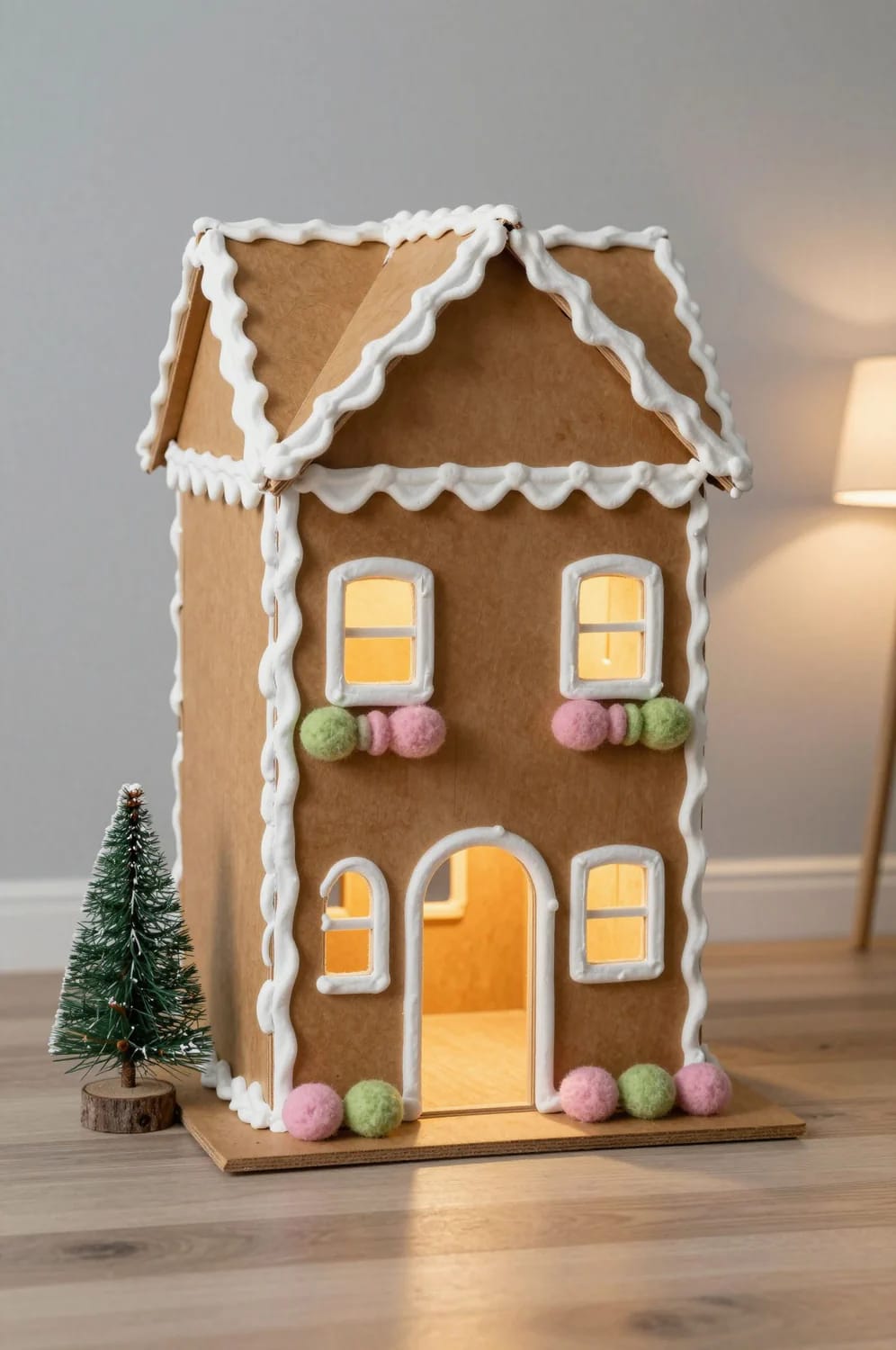 DIY Faux Gingerbread House Village Display Ideas That Last All Season 3 A tall DIY faux gingerbread house made from plywood, decorated with white icing-style trim, glowing windows, a doorway, pastel pom-pom accents, and a small tabletop Christmas tree beside it