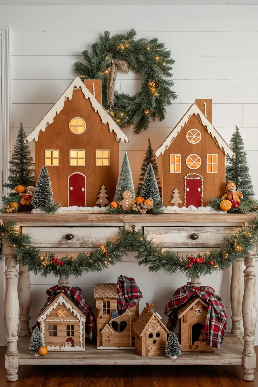 DIY Faux Gingerbread House Village Display Ideas That Last All Season 4 A tiered holiday display features two large plywood gingerbread houses on a console table, surrounded by smaller gingerbread houses, bottlebrush trees, gingerbread figures, oranges, greenery, and a lit wreath for a DIY faux gingerbread house village.
