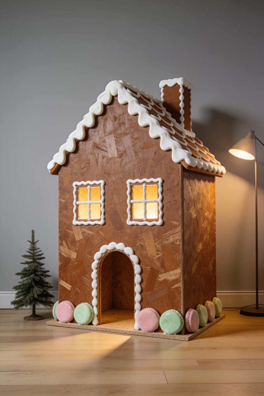 DIY Faux Gingerbread House Village Display Ideas That Last All Season 5 Large plywood faux gingerbread house with white icing-style trim, glowing windows, an arched doorway, colorful pastel cookie decorations, and a small evergreen tree beside it.