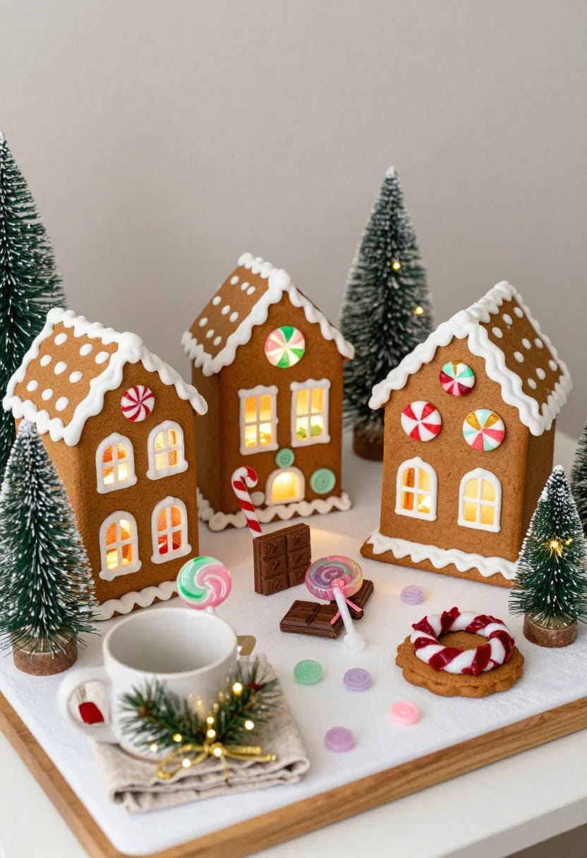 DIY Faux Gingerbread House Village Display Three faux gingerbread houses decorated with white icing details and colorful candy-style accents stand among miniature snowy evergreen trees, lollipops, chocolate pieces, cookies, and scattered pastel candies on a festive tabletop display.