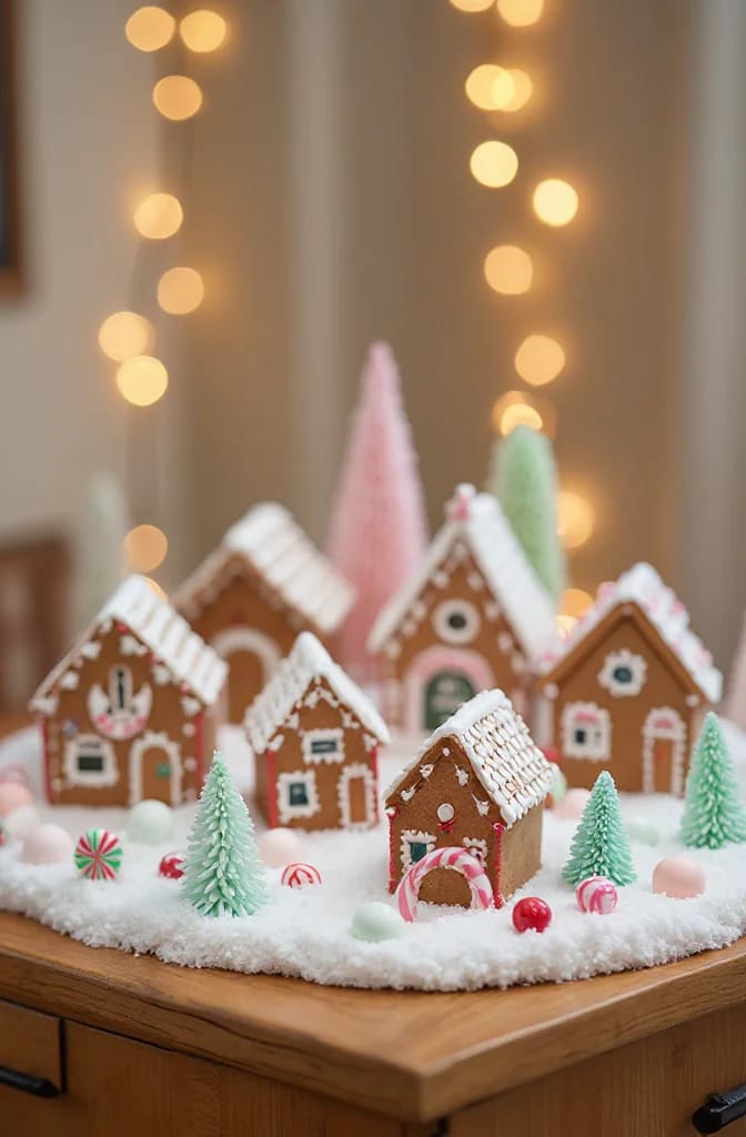 DIY Faux Gingerbread House Village Display Miniature faux gingerbread house village with snowy rooftops, pastel bottlebrush trees, and colorful fake candy decorations on a tabletop display