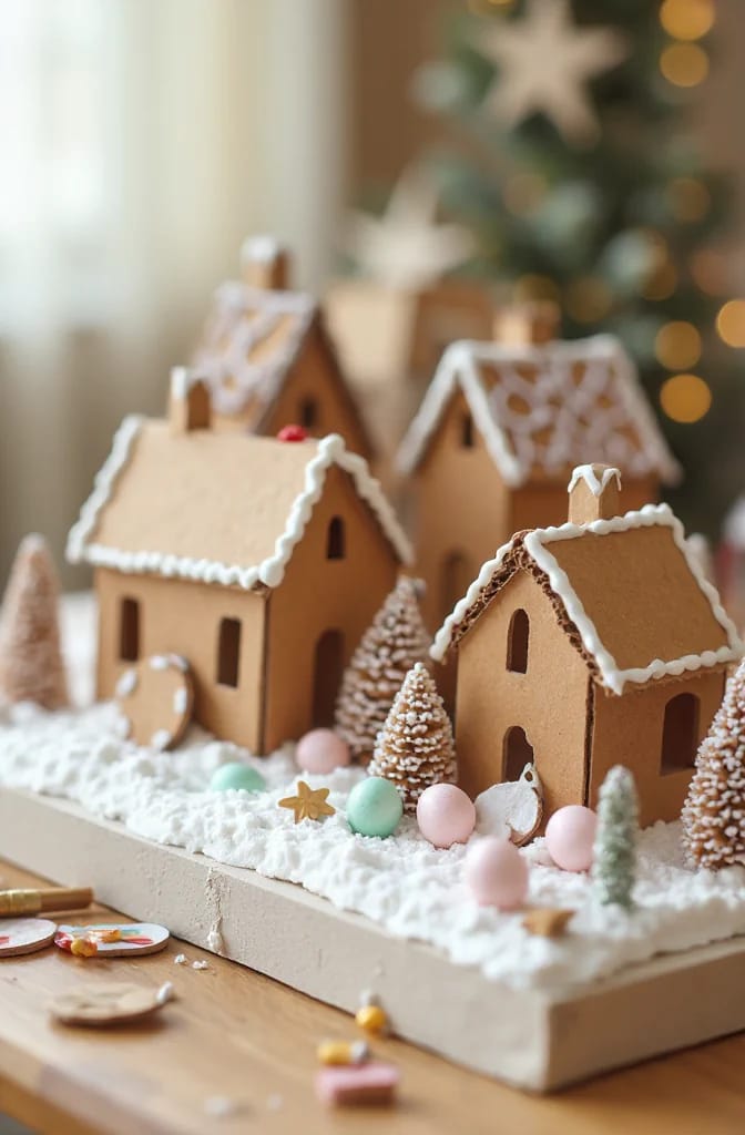 DIY Faux Gingerbread House Village Display A decorated DIY faux gingerbread house village display with several brown cardboard houses, white icing-like trim, miniature snowy trees, pastel candy ornaments, and a Christmas tree in the background