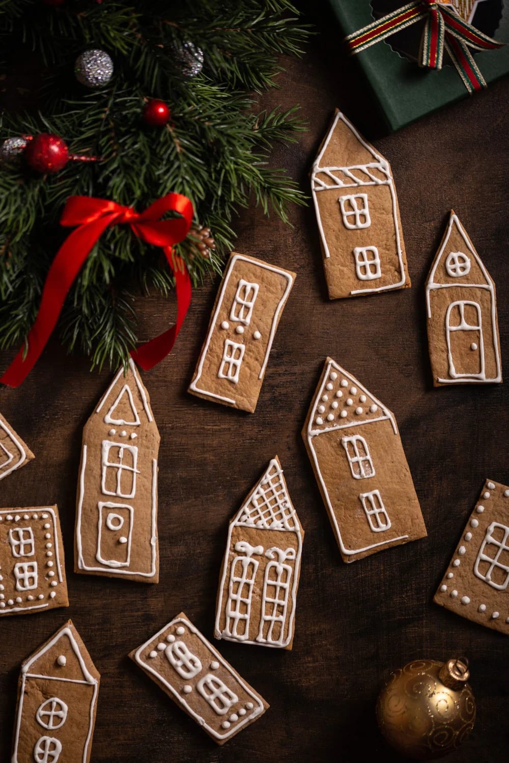 DIY Faux Gingerbread House Village Display Gingerbread house village display with multiple brown cookie-shaped houses decorated with white icing on a dark wooden surface, beside evergreen branches with red ornaments and ribbon, wrapped gifts, and a gold bauble