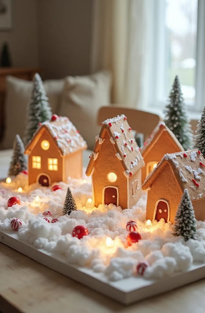 DIY Faux Gingerbread House Village Snow Display A tabletop DIY faux gingerbread house village features four illuminated brown houses among faux snow, miniature snow-covered evergreen trees, red and white candies, and warm string lights forming a festive snow base.