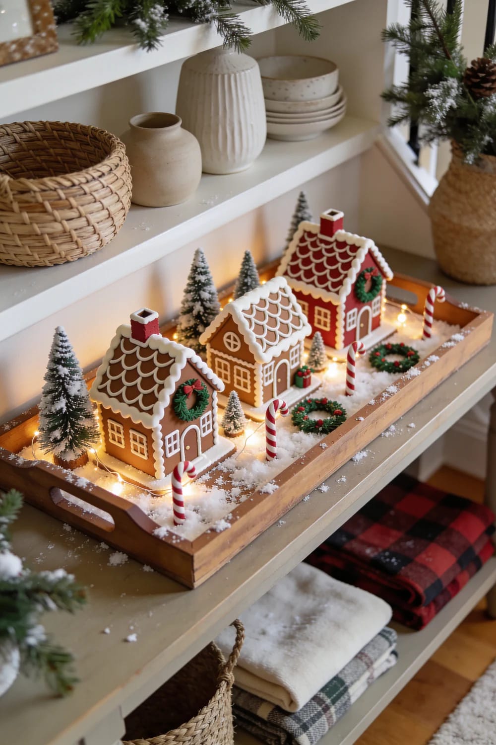 DIY Faux Gingerbread Village Shelf Display DIY faux gingerbread village arranged in a wooden tray on a shelf, featuring three decorated houses, snowy miniature evergreen trees, candy canes, wreaths, and warm string lights