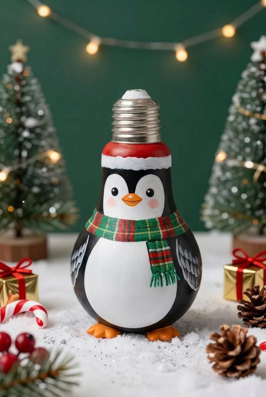 Painted light bulb penguin wearing a red Santa hat and green plaid scarf, displayed on a snowy Christmas scene with trees, gifts, candy canes, and pinecones.