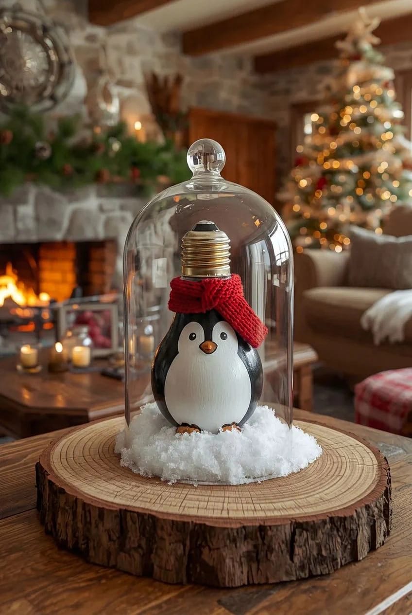 A painted penguin made from a light bulb, wearing a red knitted hat, stands in fake snow under a glass cloche on a wooden slice as a DIY Christmas decoration.