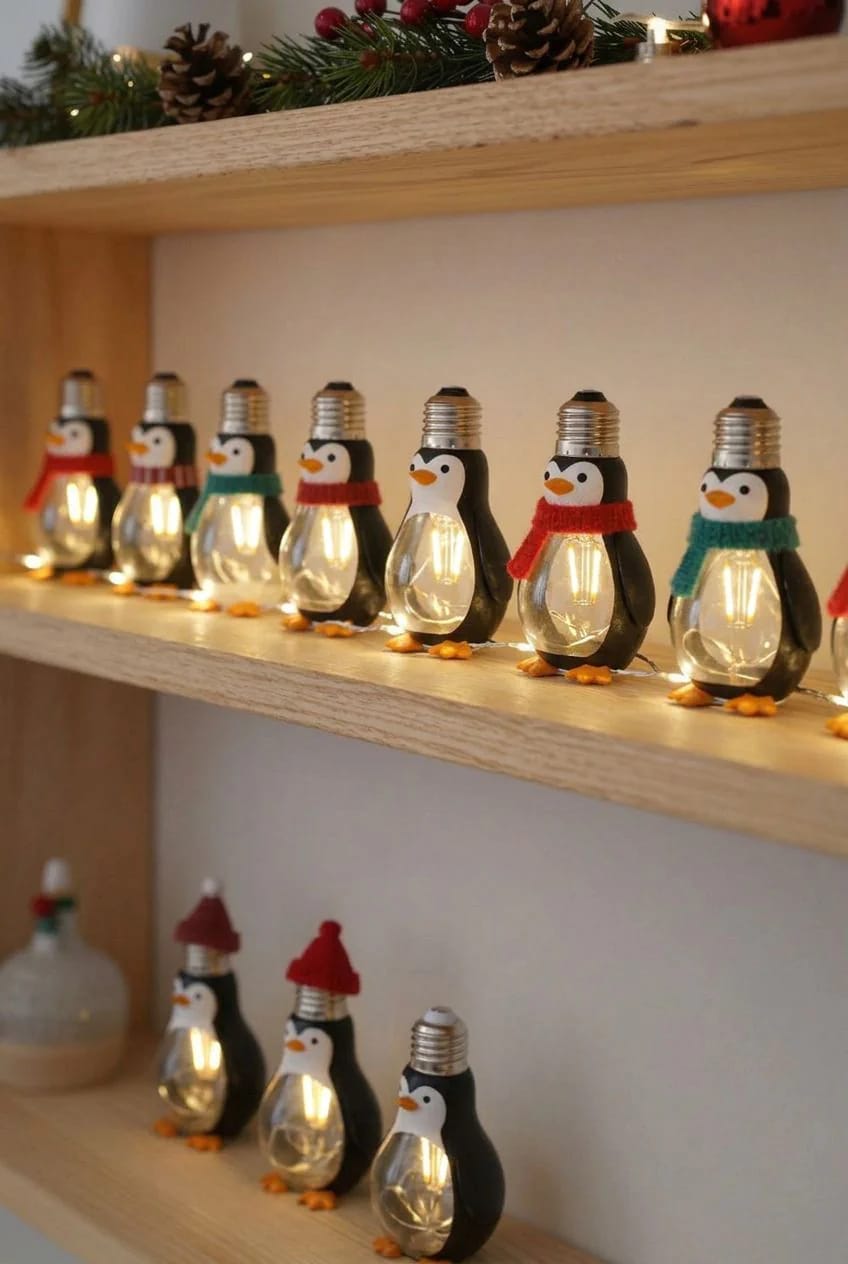 Rows of illuminated penguin decorations made from light bulbs sit along wooden shelves, wearing colorful scarves and hats beneath evergreen Christmas garland.