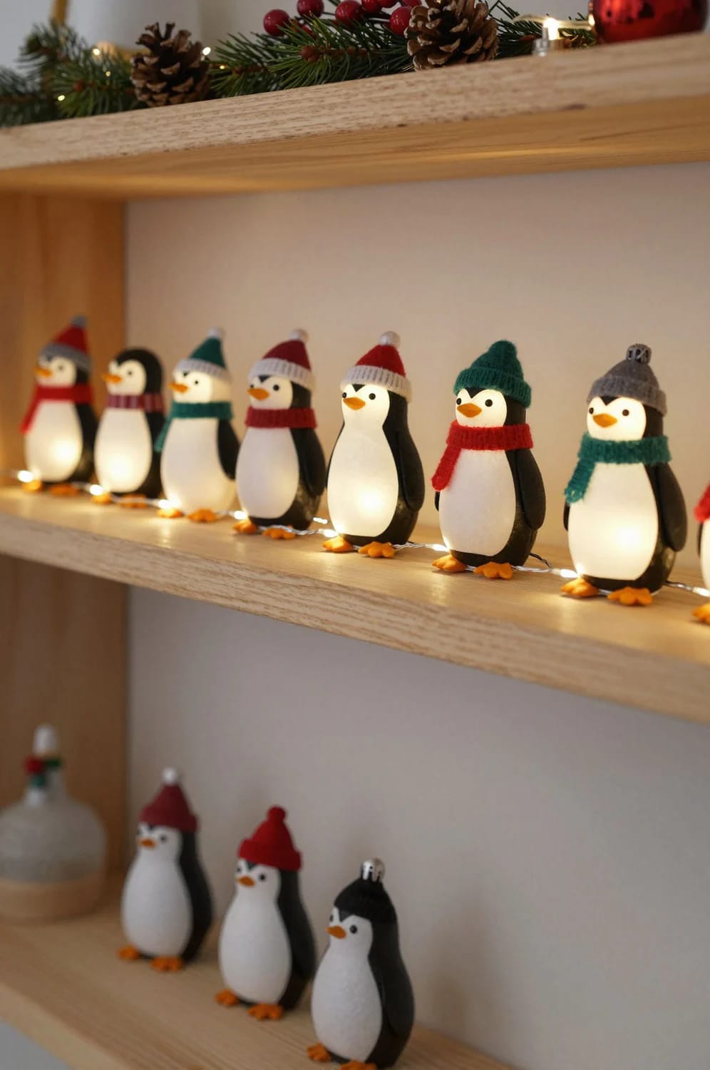 A row of illuminated penguin decorations wearing colorful knitted hats and scarves stands along a wooden shelf, with additional penguins on the shelf below and Christmas greenery above, illustrating DIY light bulb penguin Christmas decorations