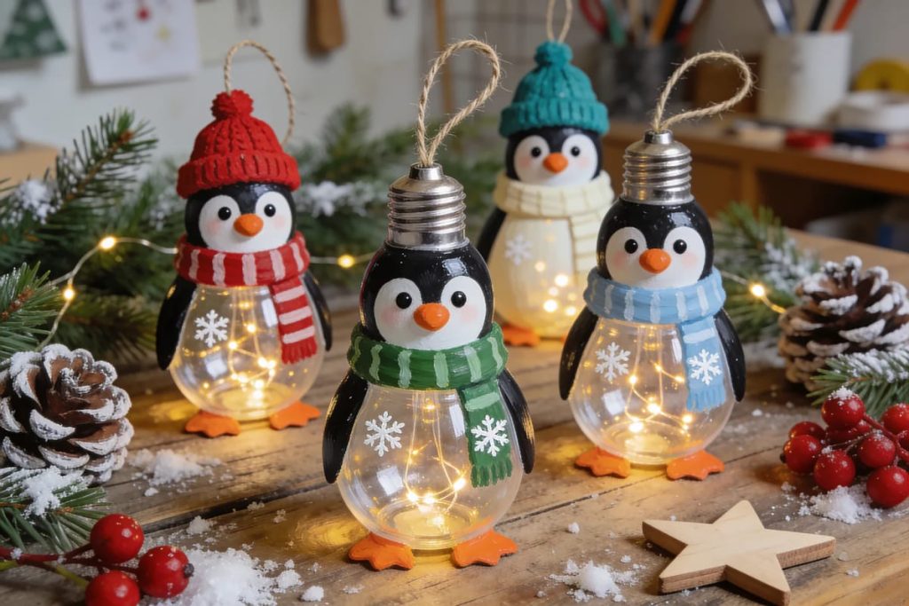 Four penguin Christmas decorations made from painted light bulbs, wearing knitted hats and scarves, with warm string lights inside some bulbs and arranged among pine branches, pinecones, berries, artificial snow, and a wooden star