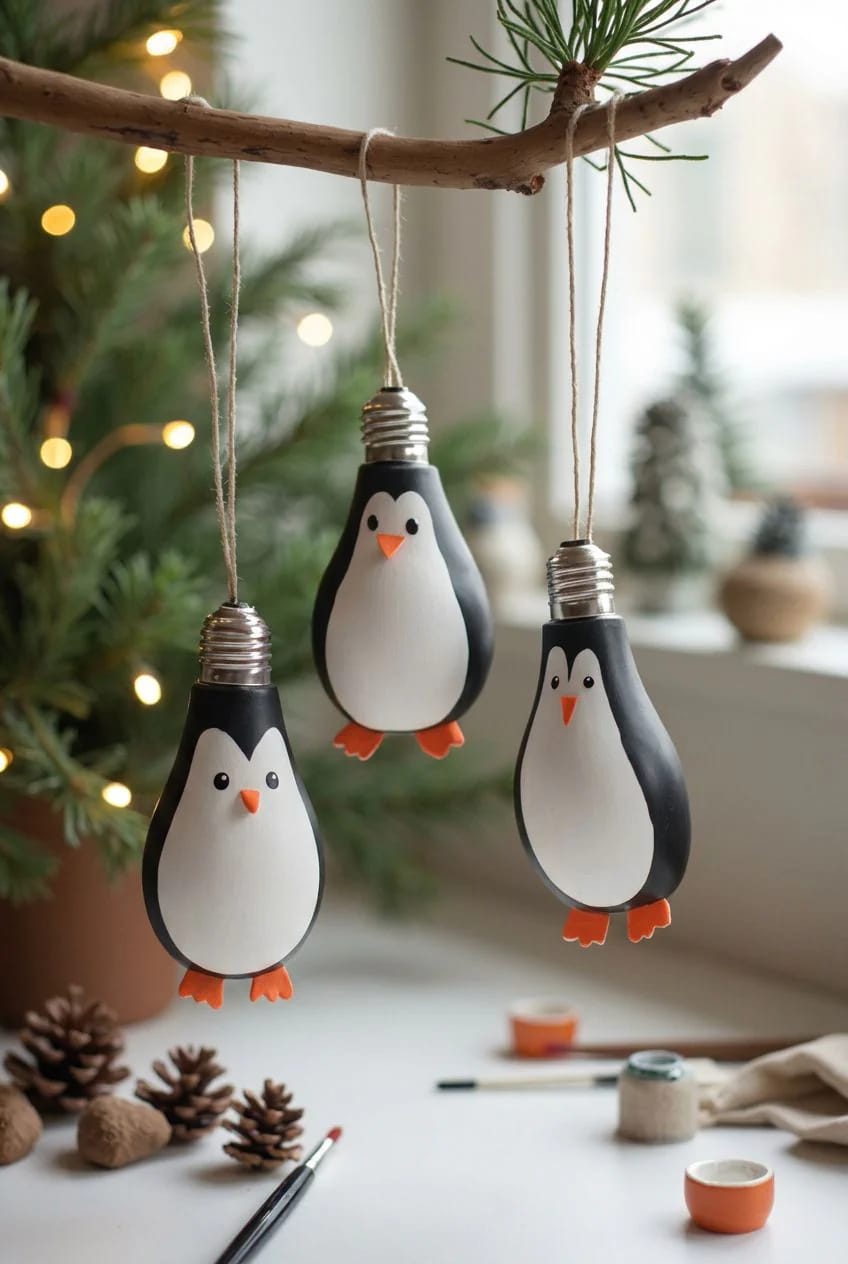Three painted light bulb penguin decorations hang from a wooden branch by strings, with visible screw caps, white bellies, orange beaks and feet, and a Christmas tree with warm lights in the background