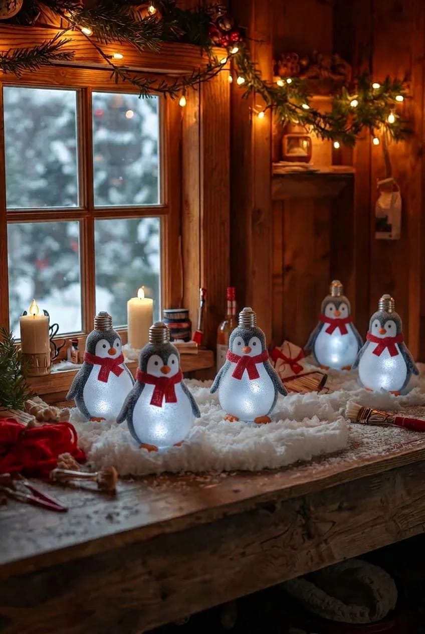 Five penguin decorations made from frosted light bulbs sit on a tabletop covered with fluffy artificial snow, wearing red scarves and featuring dark wings, orange beaks, and visible bulb bases. Warm string lights, candles, and a snowy window create a Christmas setting.