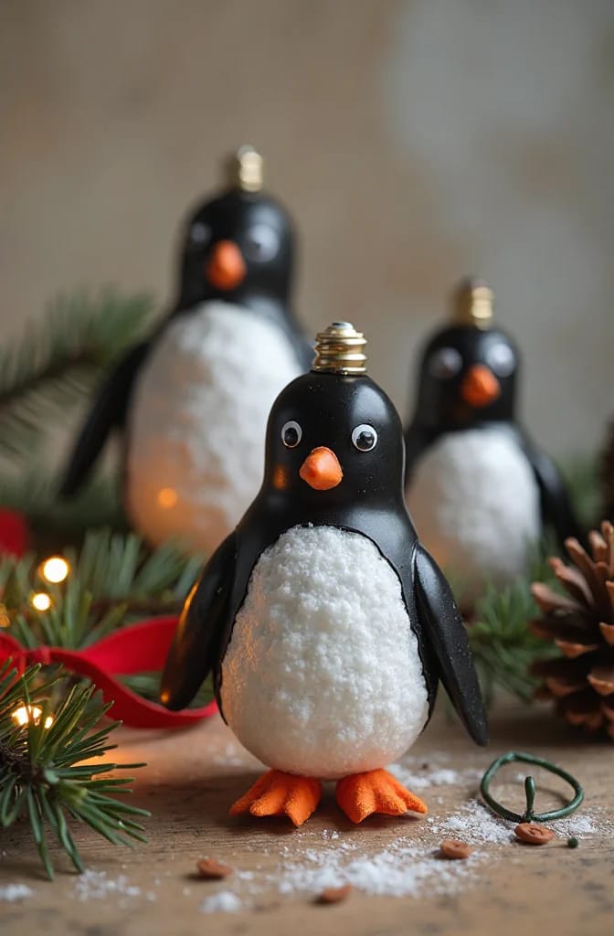 Three penguin Christmas decorations made from light bulbs, with black bodies, orange beaks and feet, and textured white bellies resembling packed snow, arranged among evergreen branches, a red ribbon, pinecones, and string lights