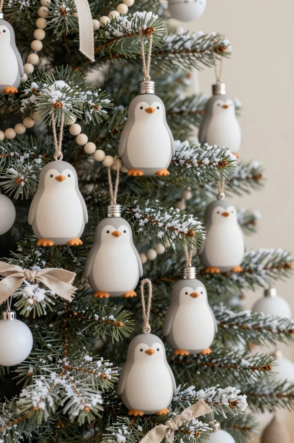 Grey-and-ivory penguin ornaments made from light bulbs hang on a flocked Christmas tree with neutral wood bead garland and ribbon accents.