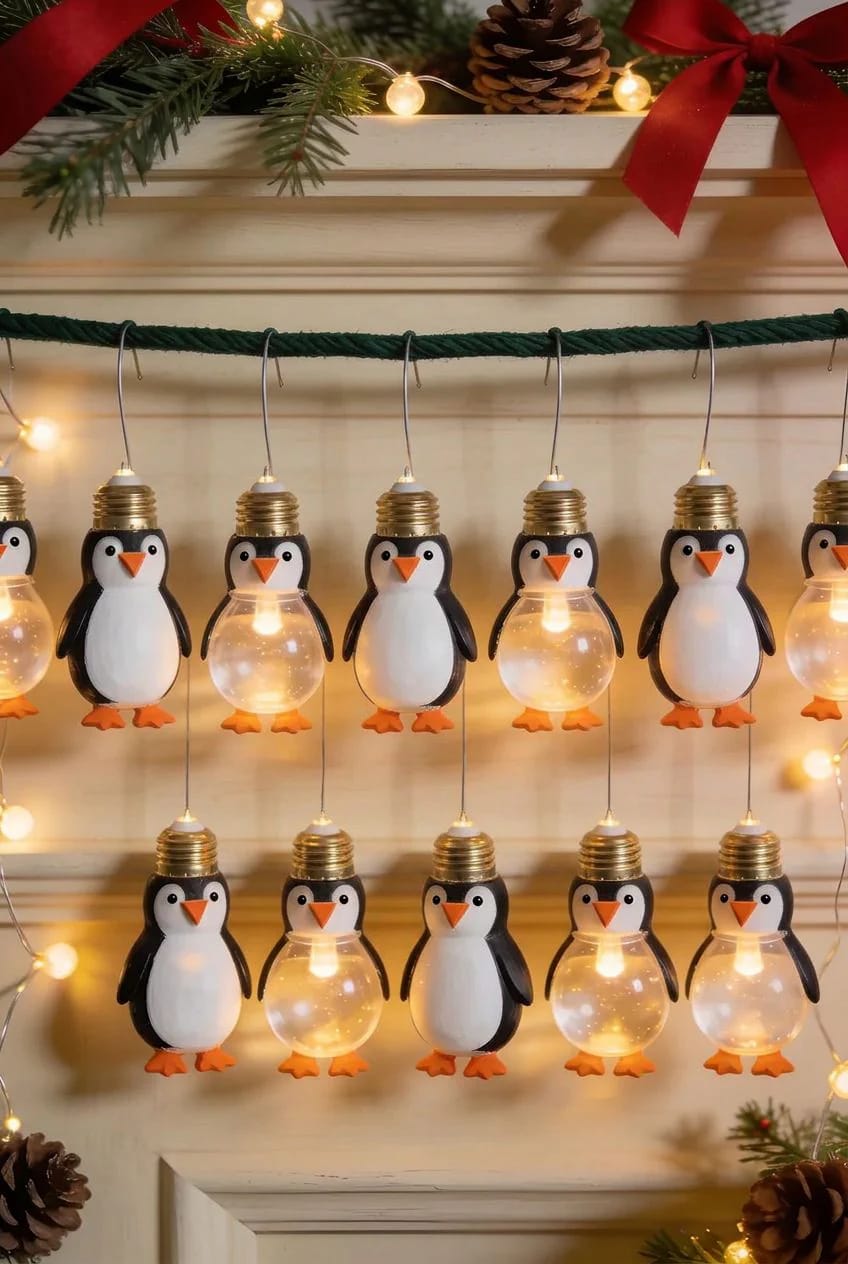 Rows of penguin decorations made from light bulbs hang on a mantel beneath evergreen garland, red bows, pinecones, and glowing string lights.
