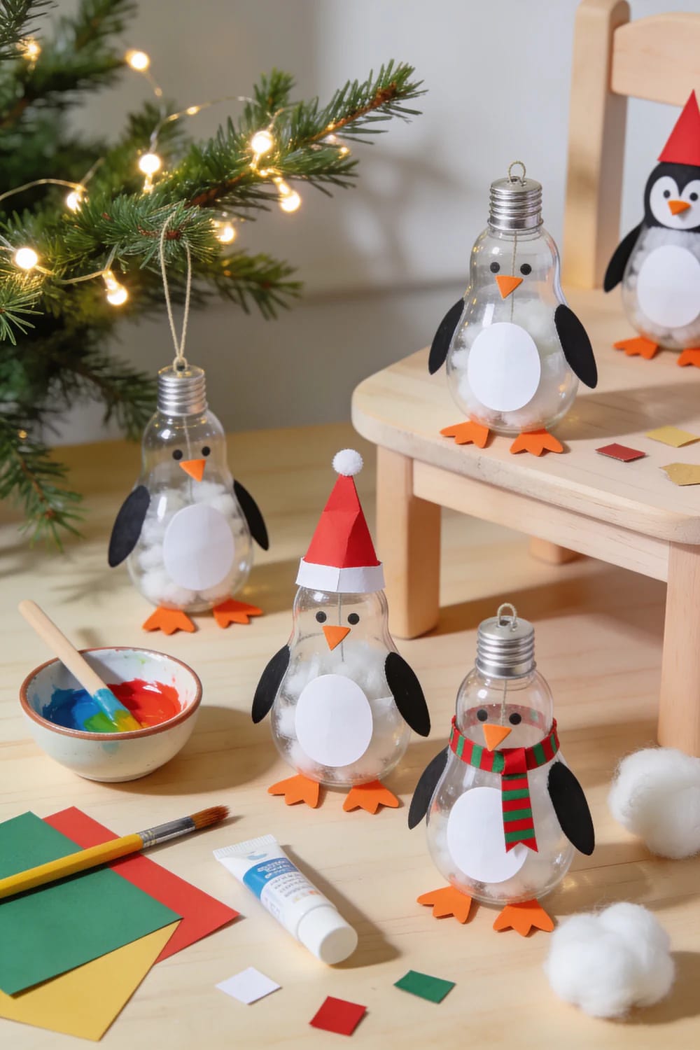 Clear plastic light bulb penguin decorations displayed beside a lit Christmas tree, with craft supplies, paint, brushes, cotton balls, and paper pieces on a table