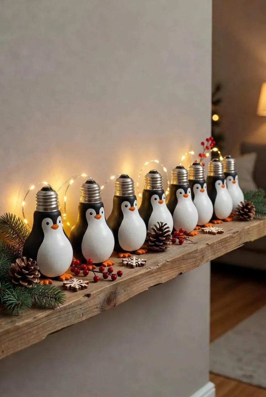Row of painted light bulb penguins arranged along a wooden shelf, decorated with warm string lights, evergreen branches, pinecones, red berries, and white snowflake ornaments for DIY Christmas decor
