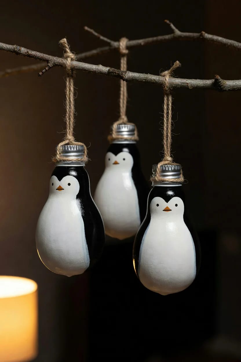 Three painted light bulb penguin decorations hang by twine from a branch, with silver screw caps serving as their hanging points.