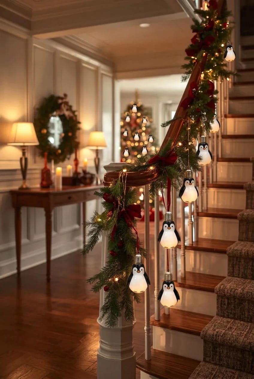 A staircase banister decorated with evergreen garland, red ribbons, warm lights, and hanging penguin-shaped light bulb Christmas decorations