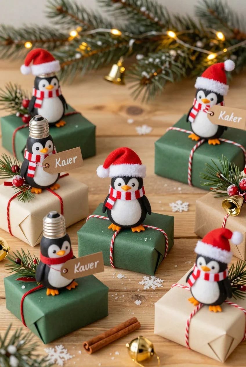 DIY light bulb penguin Christmas decorations styled as gift toppers and name tags, shown on wrapped presents beneath evergreen branches and string lights