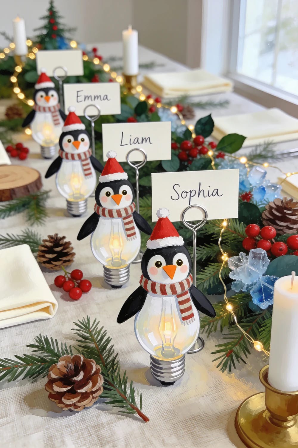 Several penguin decorations made from light bulbs, wearing Santa hats and striped scarves, hold name cards reading Emma, Liam, and Sophia on a Christmas table decorated with evergreen branches, berries, pinecones, candles, and string lights